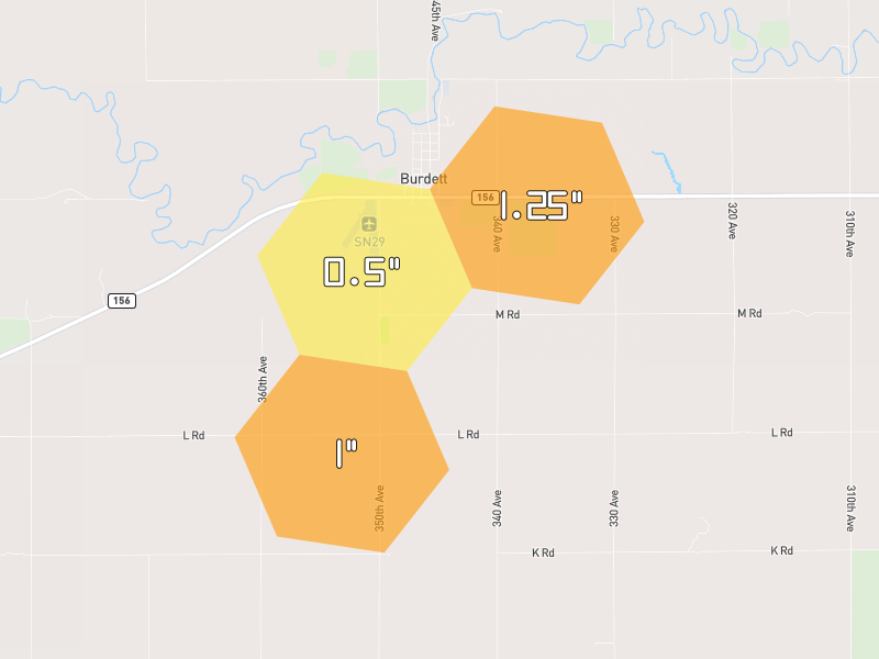 Hail map of Burdett, KS on Jun 2, 2026, hail up to 1.25"