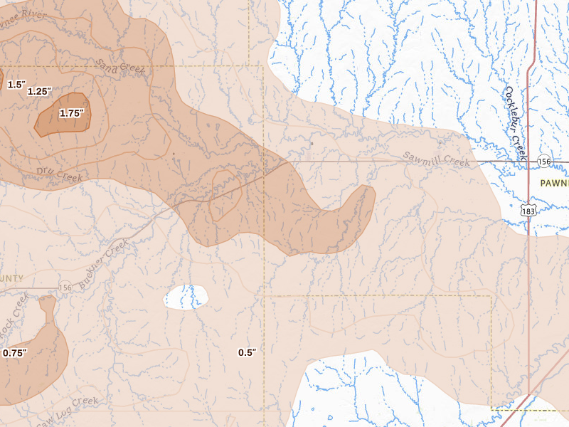 Radar-estimated hail-size map of the storm over Burdett, KS on Jun 20, 2026