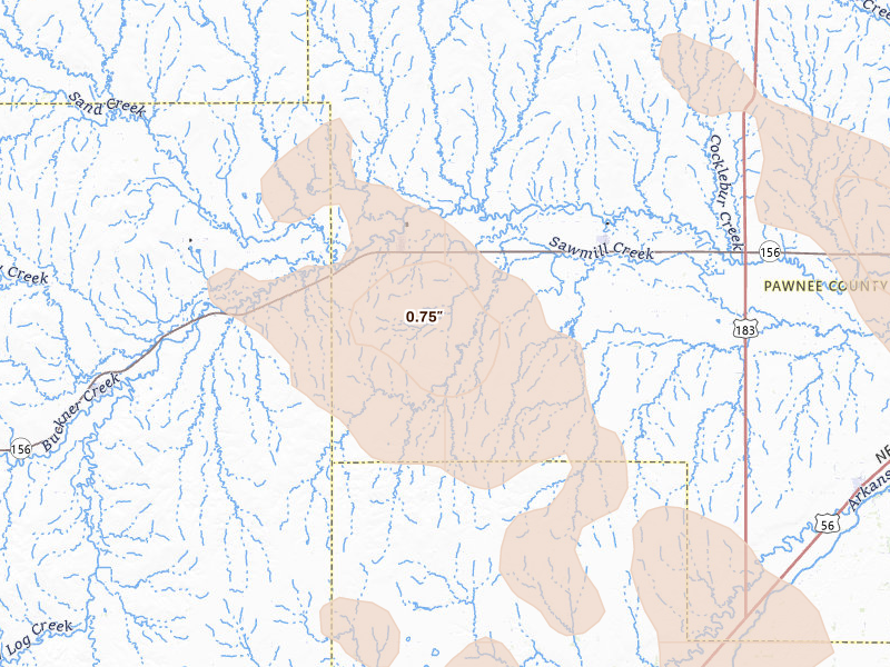 Radar-estimated hail-size map of the storm over Burdett, KS on Aug 25, 2026