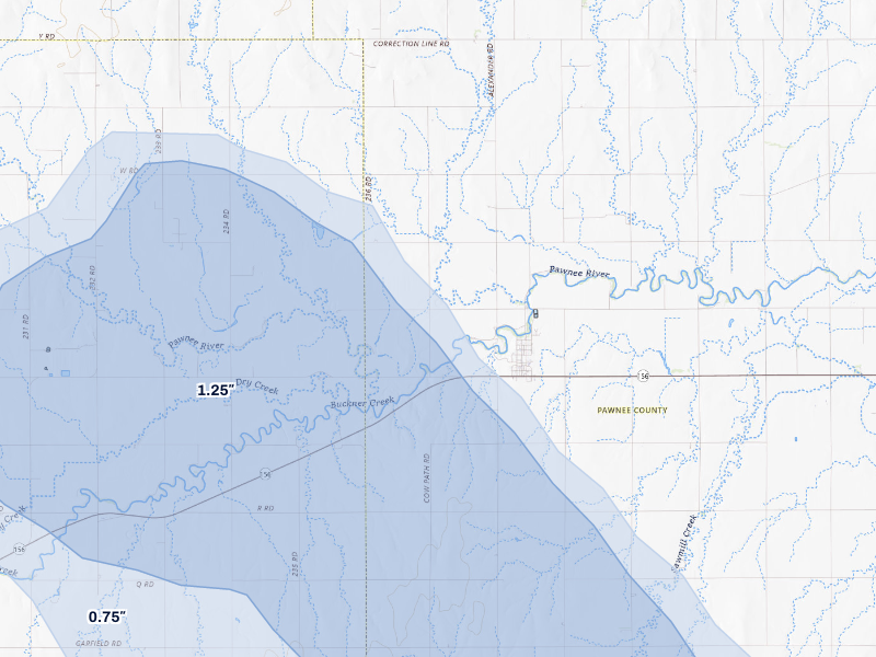 NEXRAD radar-signature map of the hail storm over Burdett, KS on Aug 25, 2026