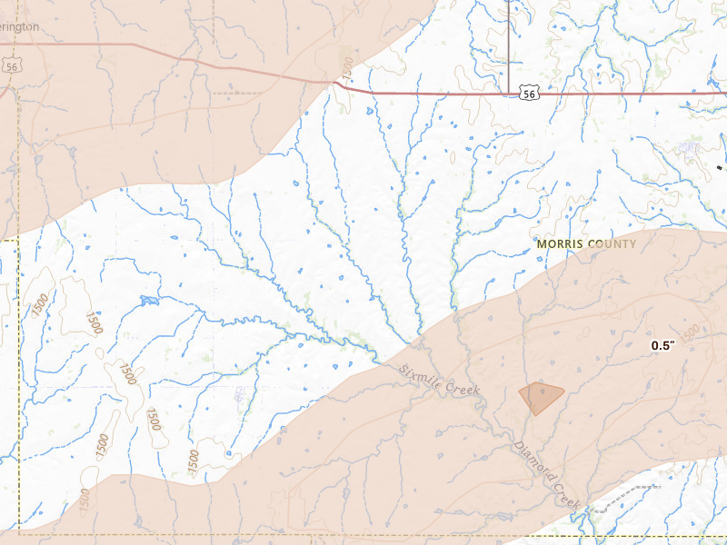 Radar-estimated hail-size map of the storm over Burdick, KS on Apr 23, 2026