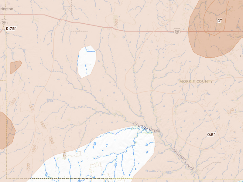 Radar-estimated hail-size map of the storm over Burdick, KS on Apr 26, 2026