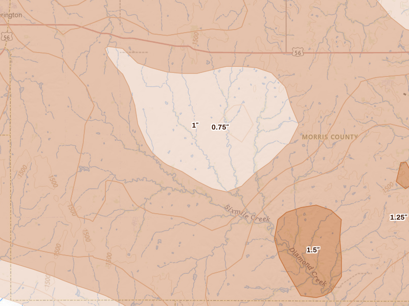 Radar-estimated hail-size map of the storm over Burdick, KS on Jun 10, 2026