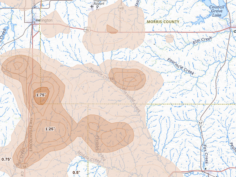 Radar-estimated hail-size map of the storm over Burdick, KS on Aug 6, 2026