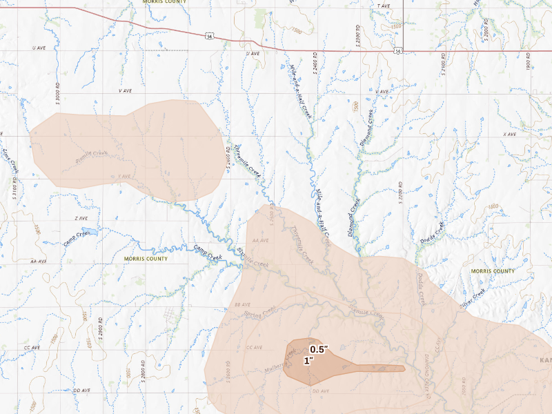 Radar-estimated hail-size map of the storm over Burdick, KS on Sep 13, 2026