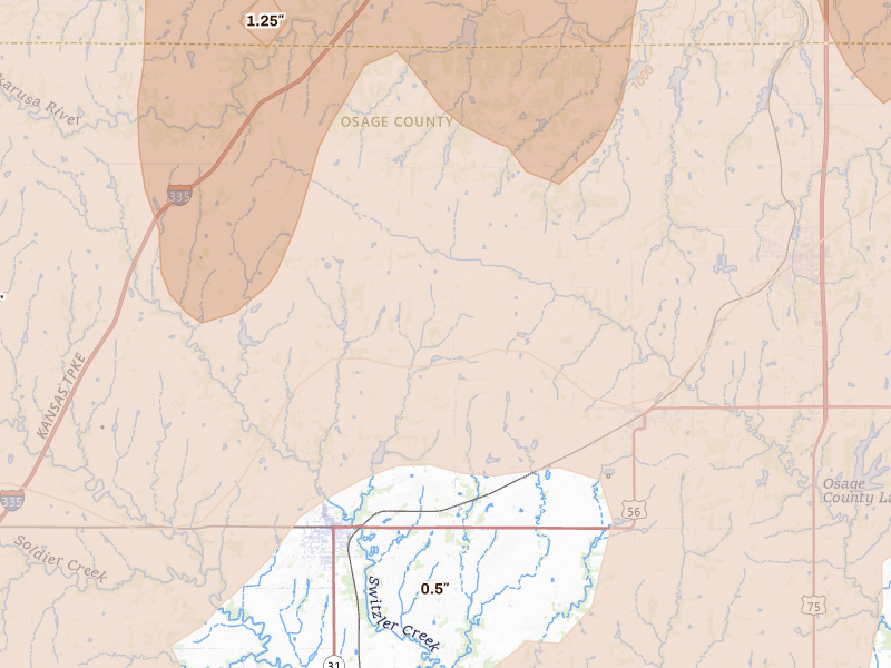 Radar-estimated hail-size map of the storm over Burlingame, KS on Apr 26, 2026