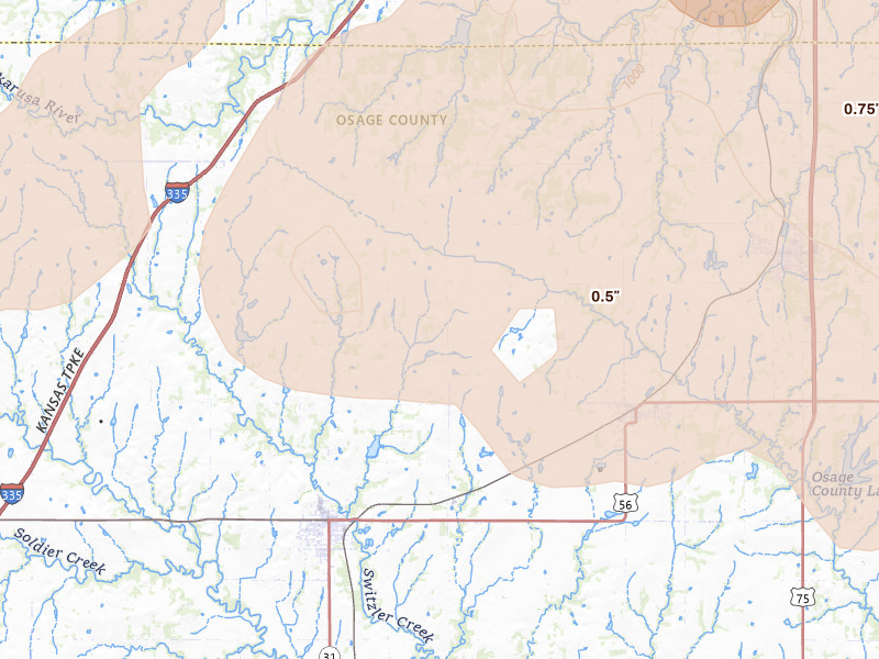 Radar-estimated hail-size map of the storm over Burlingame, KS on Jun 8, 2026