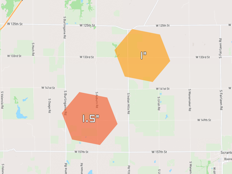Hail map of Burlingame, KS on Jun 9, 2026, hail up to 1.5"