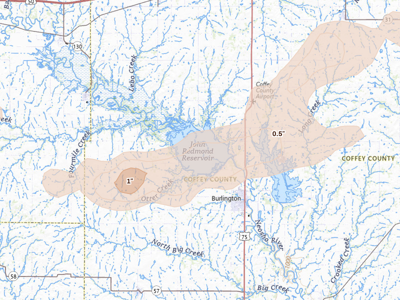 Radar-estimated hail-size map of the storm over Burlington, KS on Apr 23, 2026
