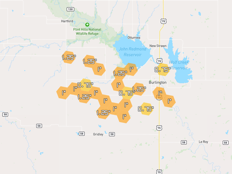 Hail map of Burlington, KS on Jun 9, 2026, hail up to 1.25"