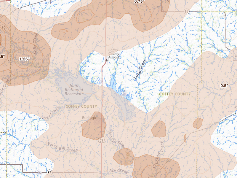 Radar-estimated hail-size map of the storm over Burlington, KS on Aug 5, 2026