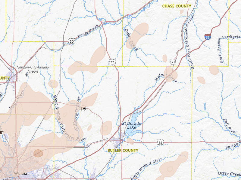 Radar-estimated hail-size map of the storm over Burns, KS on Mar 10, 2026
