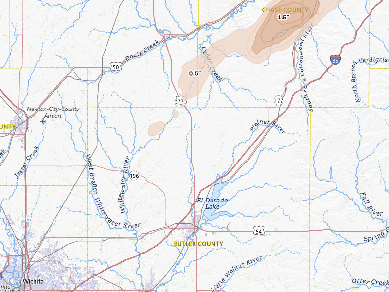Radar-estimated hail-size map of the storm over Burns, KS on Apr 13, 2026