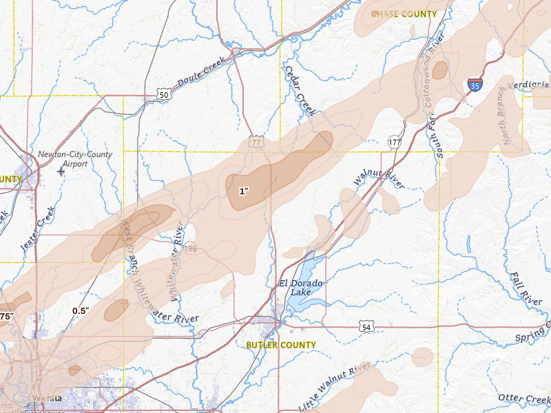 Radar-estimated hail-size map of the storm over Burns, KS on Apr 17, 2026