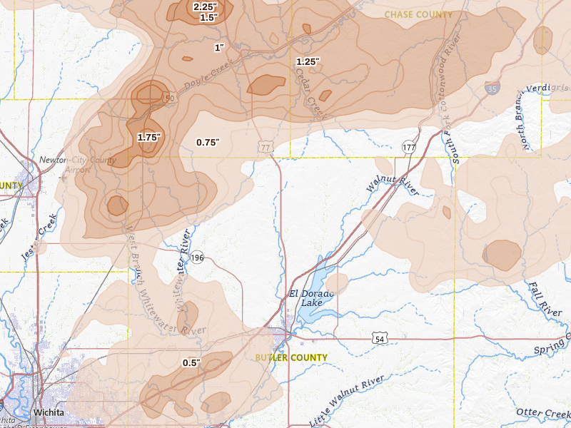 Radar-estimated hail-size map of the storm over Burns, KS on Apr 23, 2026