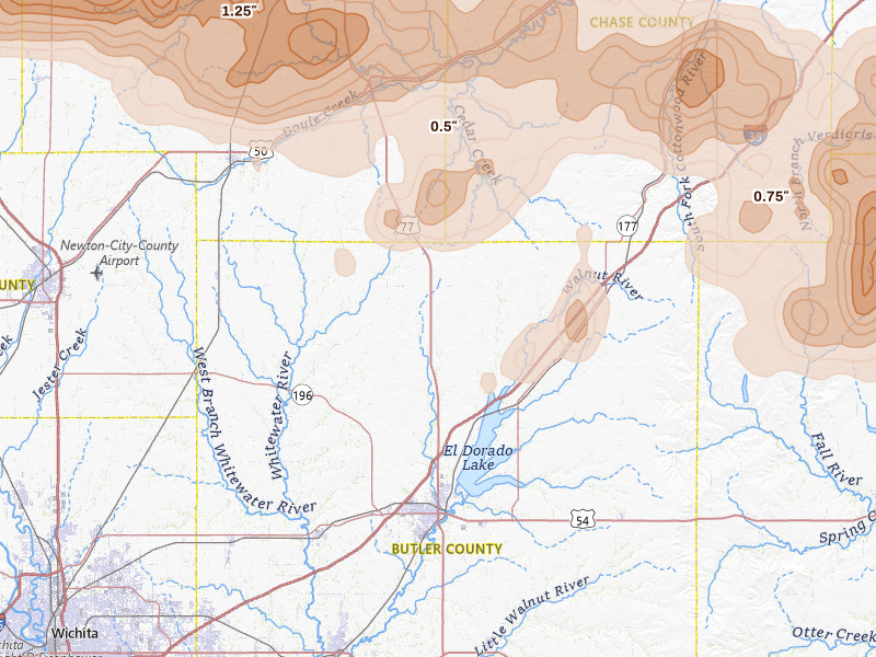 Radar-estimated hail-size map of the storm over Burns, KS on Apr 26, 2026