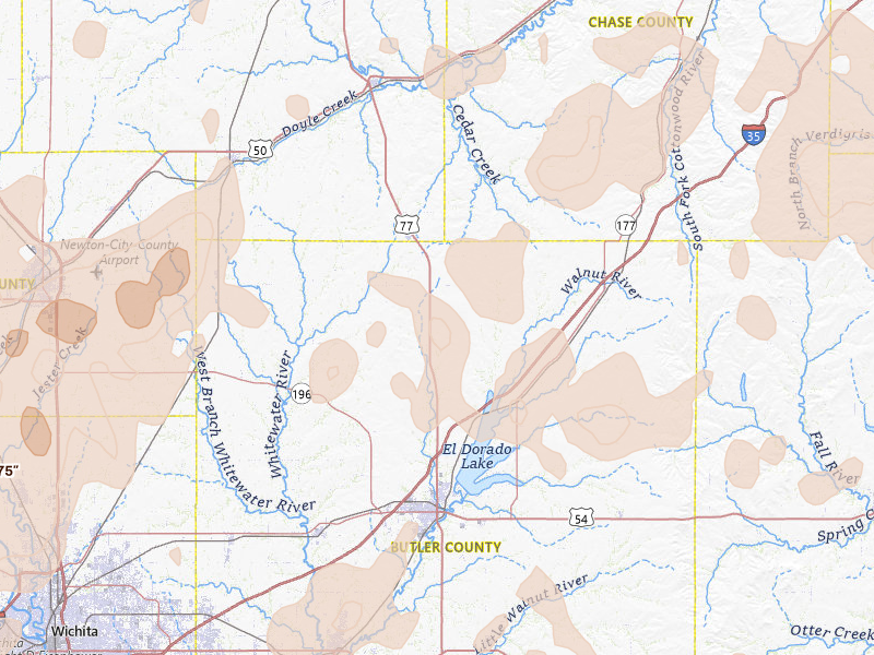 Radar-estimated hail-size map of the storm over Burns, KS on May 18, 2026
