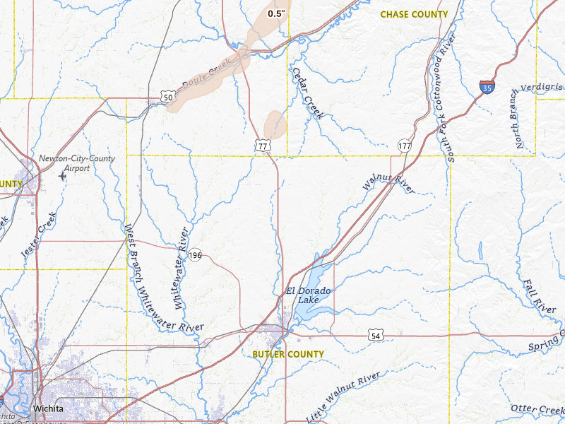 Radar-estimated hail-size map of the storm over Burns, KS on May 29, 2026
