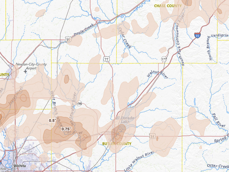 Radar-estimated hail-size map of the storm over Burns, KS on May 30, 2026
