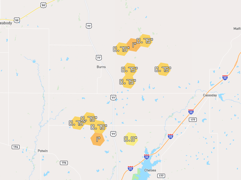 Hail map of Burns, KS on Jun 9, 2026, hail up to 1"