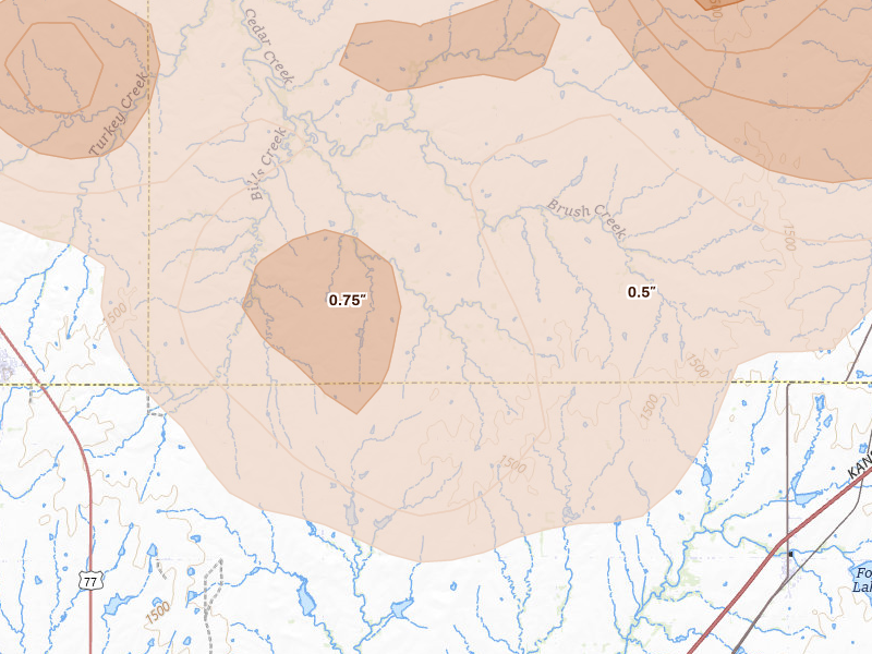 Radar-estimated hail-size map of the storm over Burns, KS on Aug 6, 2026