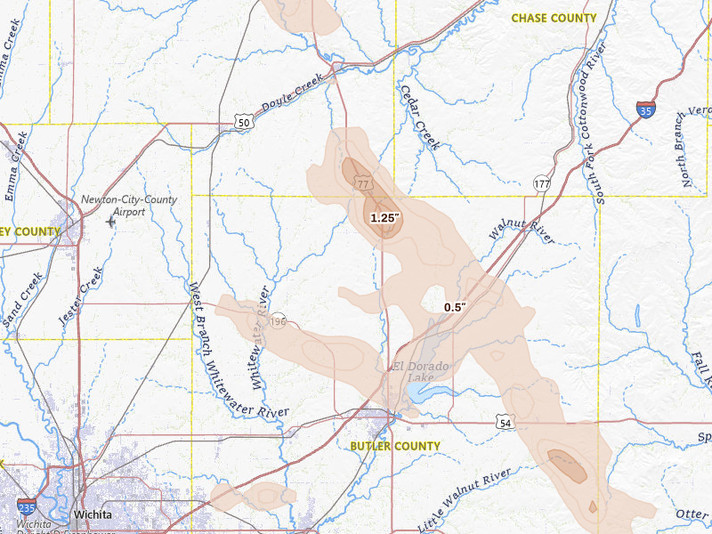 Radar-estimated hail-size map of the storm over Burns, KS on Aug 7, 2026