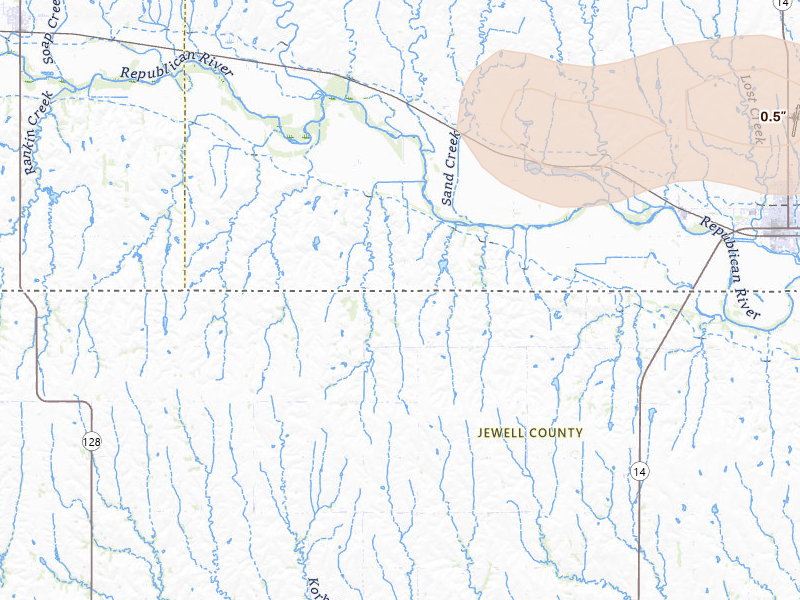 Radar-estimated hail-size map of the storm over Burr Oak, KS on Apr 9, 2026
