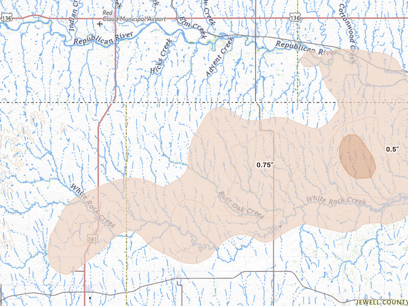 Radar-estimated hail-size map of the storm over Burr Oak, KS on May 16, 2026