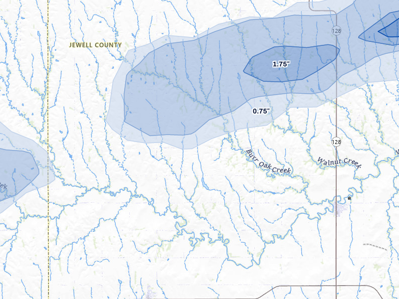 NEXRAD radar-signature map of the hail storm over Burr Oak, KS on May 16, 2026