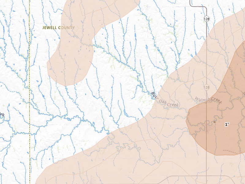 Radar-estimated hail-size map of the storm over Burr Oak, KS on May 17, 2026