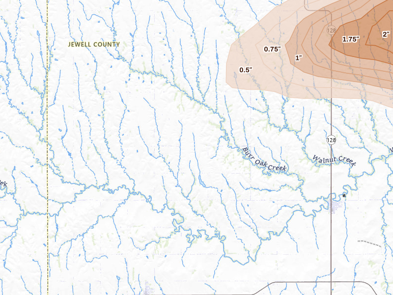 Radar-estimated hail-size map of the storm over Burr Oak, KS