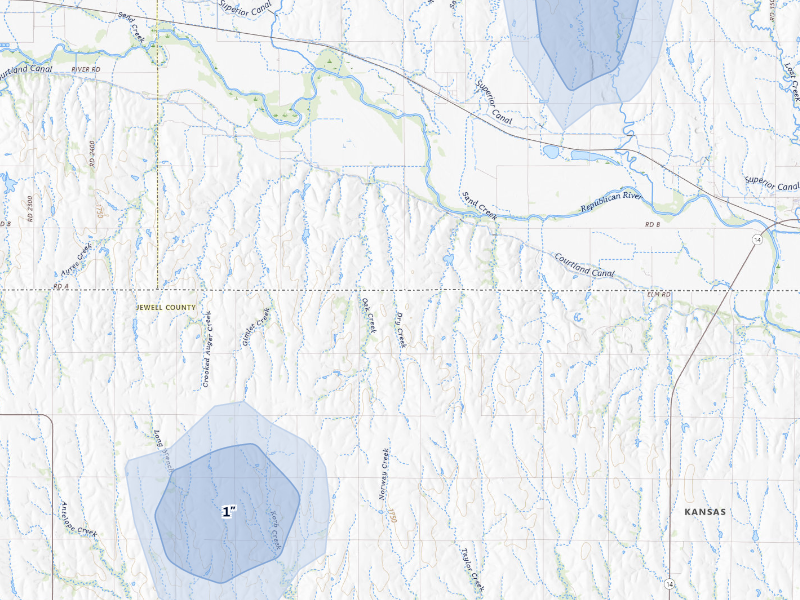 NEXRAD radar-signature map of the hail storm over Burr Oak, KS on Aug 15, 2026