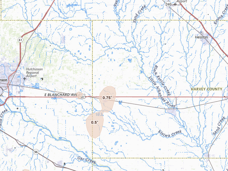 Radar-estimated hail-size map of the storm over Burrton, KS on Mar 5, 2026