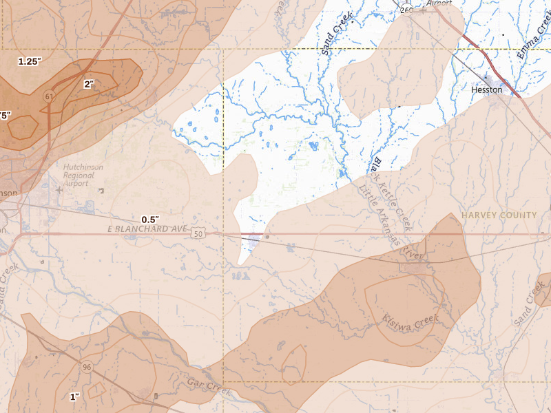 Radar-estimated hail-size map of the storm over Burrton, KS on May 18, 2026