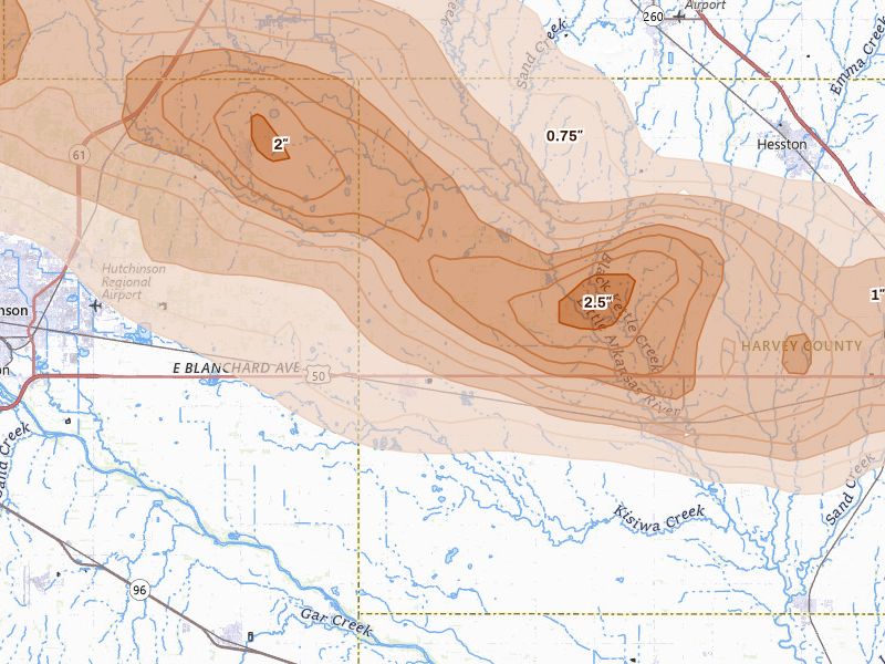Radar-estimated hail-size map of the storm over Burrton, KS on Jun 10, 2026