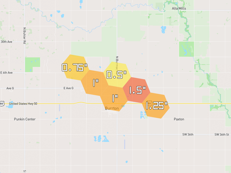 Hail map of Burrton, KS on Jul 4, 2026, hail up to 1.5"