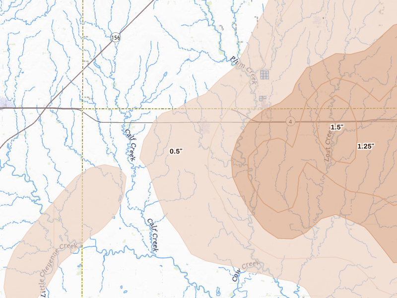 Radar-estimated hail-size map of the storm over Bushton, KS on Apr 26, 2026