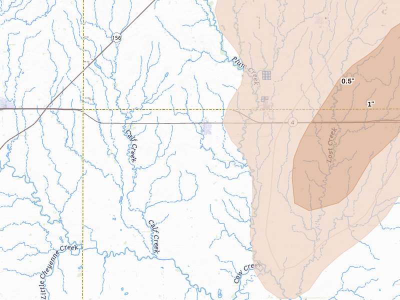 Radar-estimated hail-size map of the storm over Bushton, KS on May 30, 2026