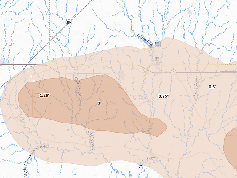 Radar-estimated hail-size map of the storm over Bushton, KS on Jun 10, 2026