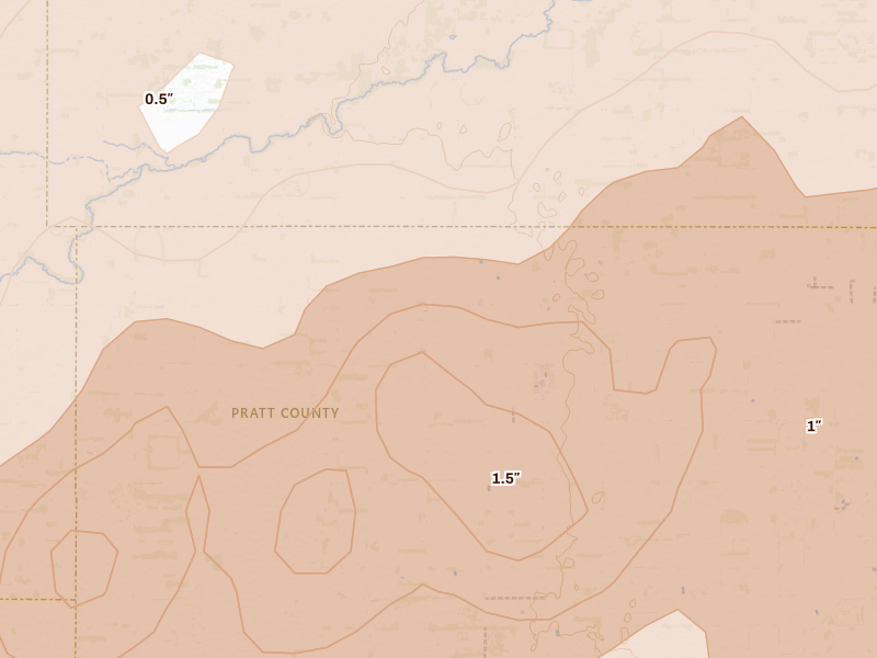 Radar-estimated hail-size map of the storm over Byers, KS on May 18, 2026