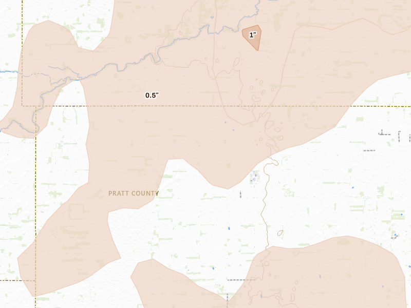 Radar-estimated hail-size map of the storm over Byers, KS on Jun 1, 2026
