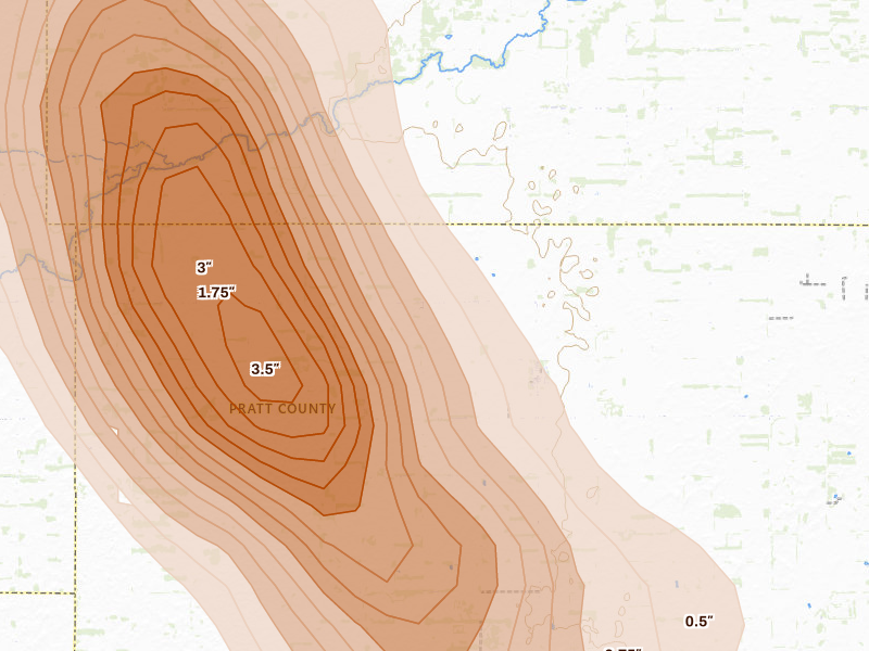 Radar-estimated hail-size map of the storm over Byers, KS on Jun 16, 2026