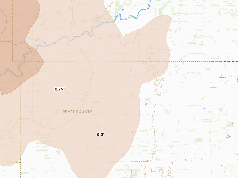 Radar-estimated hail-size map of the storm over Byers, KS on Jun 20, 2026