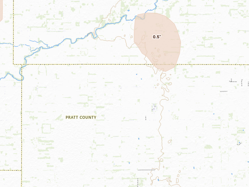 Radar-estimated hail-size map of the storm over Byers, KS on Aug 14, 2026