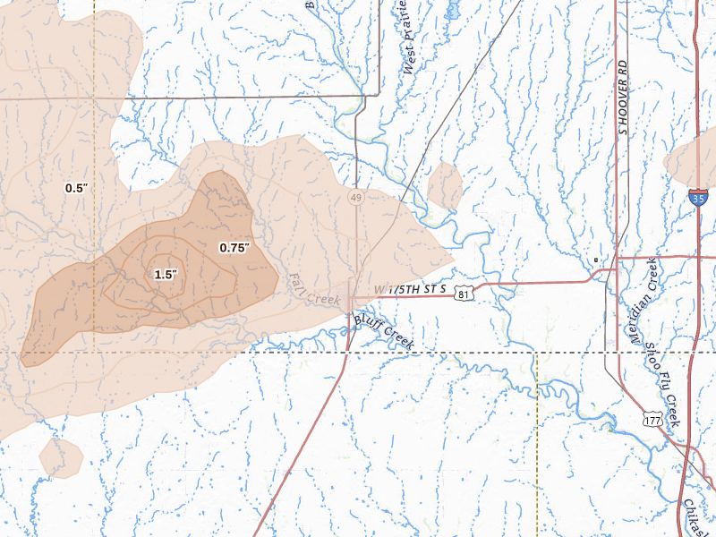 Radar-estimated hail-size map of the storm over Caldwell, KS on Mar 10, 2026