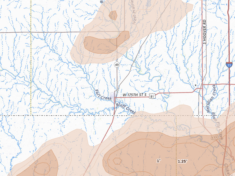 Radar-estimated hail-size map of the storm over Caldwell, KS on Apr 23, 2026