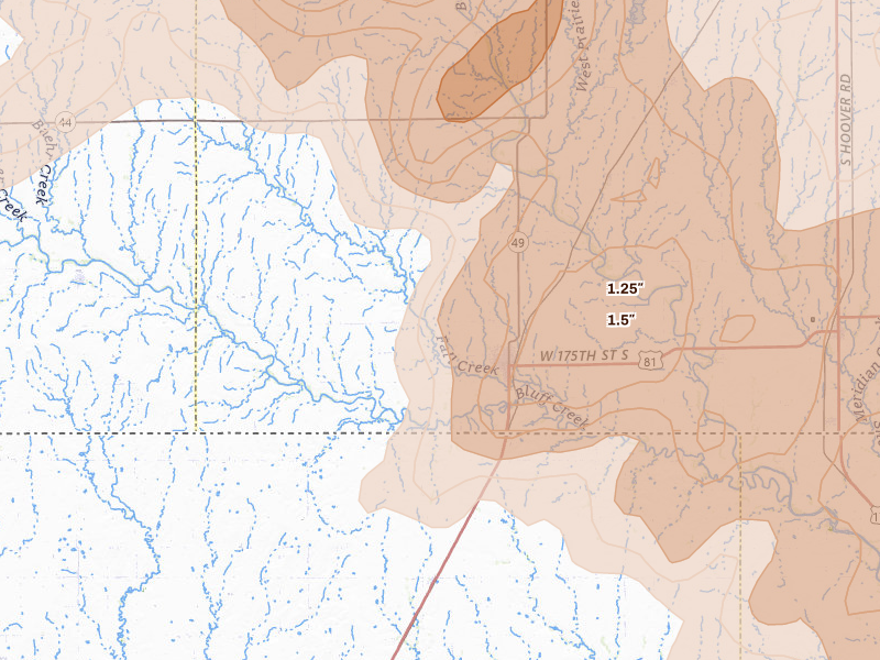 Radar-estimated hail-size map of the storm over Caldwell, KS on May 18, 2026