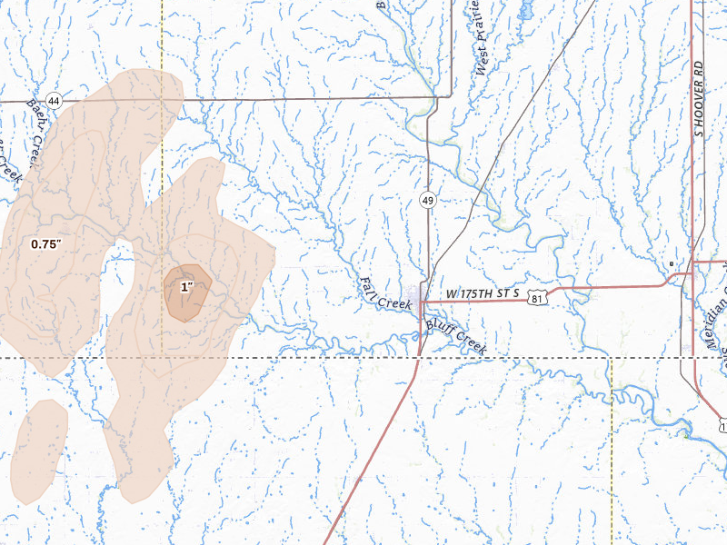 Radar-estimated hail-size map of the storm over Caldwell, KS on May 30, 2026