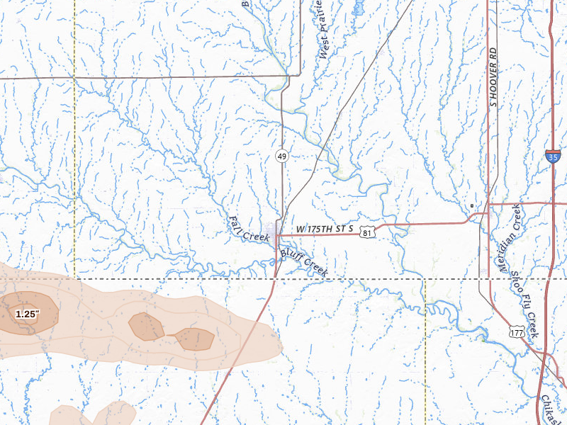 Radar-estimated hail-size map of the storm over Caldwell, KS on Jun 17, 2026