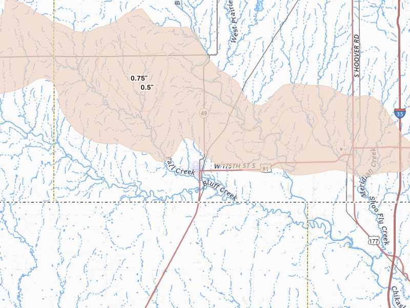 Radar-estimated hail-size map of the storm over Caldwell, KS on Jun 20, 2026